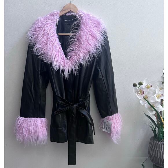 ASOS DESIGN Brog Cuff Faux Leather Black & Pink 70’s Retro Jacket Women's US 14 - Picture 1 of 10